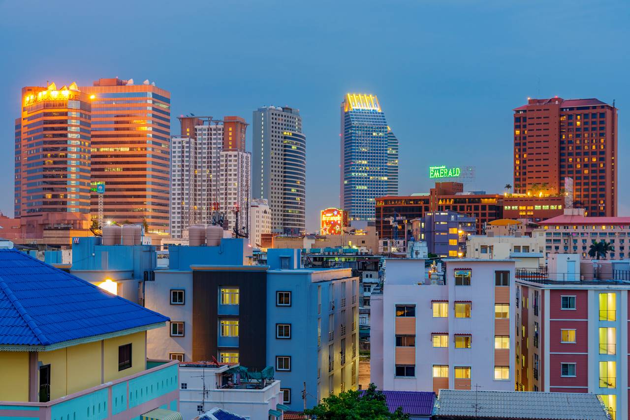 BANGKOK, THAILAND - JULY 14: Evening view of modern city buildings in the Ratchada area of Bangkok on July 14, 2018 in Bangkok