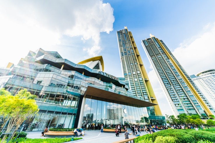 Bangkok, Thailand - Nov 12, 2018: Building exterior of Iconsiam shopping mall, Takashiyama department store and Magnolias Waterfront Residences condominium, located by Chaophraya River in Bangkok