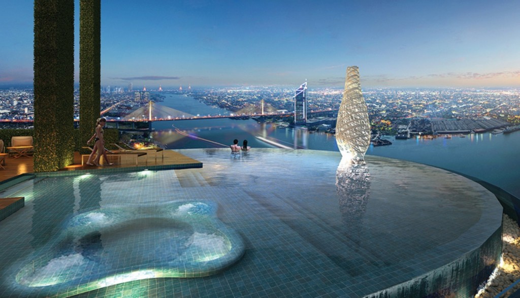 Infinity edge pool ที่มีวิวเป็นโค้งแม่น้ำและสะพานแขวนแบบ panoramic