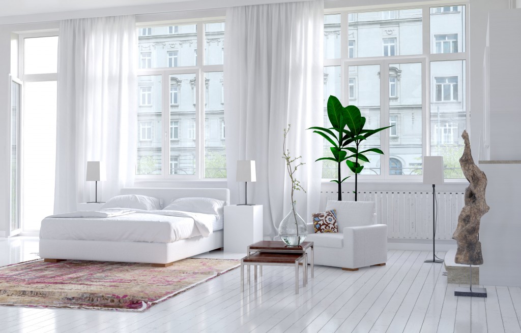 44600896 - modern monochromatic bedroom interior in an apartment with large view windows and a double bed alongside an exterior door, bright spacious and sunny. 3d rendering.