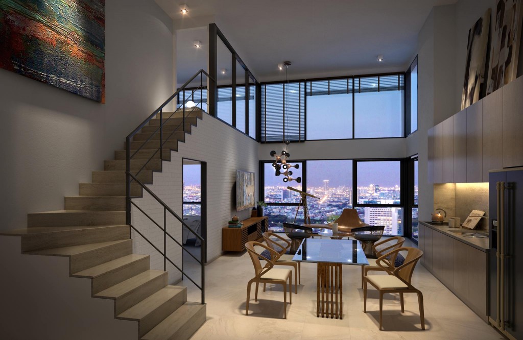 ภาพ perspective แสดงบรรยากาศของห้อง Duplex 2 ห้องนอน และ 3 ห้องนอน ความสูงระหว่างพื้นที่หลักและเพดาน 5.6 เมตร