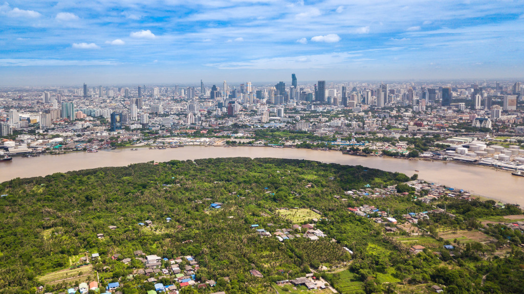 Aerial View of Bangkok skyline and view of Chao Phraya River Vie