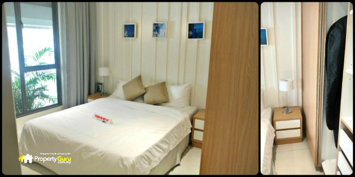 Left: The Master Bedroom with its large glass wall and windows. Right: The free built-in wardrobe for the Master Bedroom