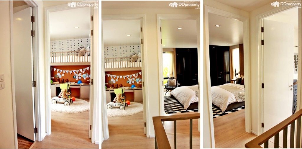 มุมมองบนชั้น 2 ซ้ายมือเป็นห้องน้ำ ตรงกลางเป็นห้องนอนเล็ก ถัดมาเป็นห้องนอนใหญ่ ขาวมือเป็นห้องอเนกประสงค์