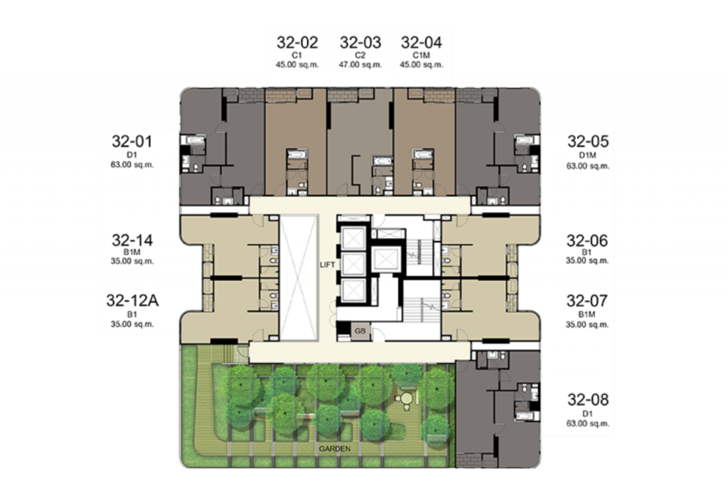 ชั้นที่ 32 Pocket garden ถูกจัดวางเพื่อสร้างความร่มรื่นให้กับชั้น ส่วนพื้นที่อยู่อาศัยประกอบด้วย: ห้องขนาด 35 ตารางเมตร จำนวน 4 ยูนิต, ห้องขนาด 45 ตารางเมตร จำนวน 2 ยูนิต, ห้องขนาด 47 ตารางเมตร จำนวน 2 ยูนิต และห้องขนาด 63 ตารางเมตร จำนวน 3 ยูนิต