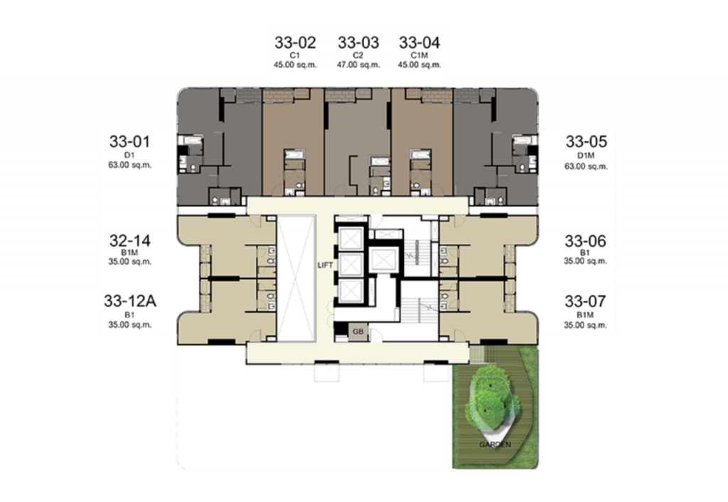 ชั้นที่ 33 Pocket garden (ขนาดเล็ก) ถูกจัดวางเพื่อสร้างความร่มรื่นให้กับชั้น ส่วนพื้นที่อยู่อาศัยประกอบด้วย: ห้องขนาด 35 ตารางเมตร จำนวน 4 ยูนิต, ห้องขนาด 45 ตารางเมตร จำนวน 2 ยูนิต, ห้องขนาด 47 ตารางเมตร จำนวน 1 ยูนิต และห้องขนาด 63 ตารางเมตร จำนวน 2 ยูนิต