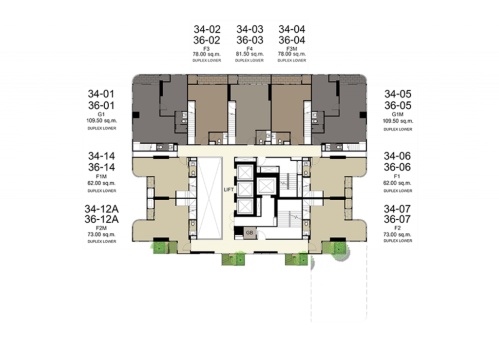 ชั้นที่ 34 และ 36 จะเป็นพื้นที่สำหรับอยู่อาศัย ประกอบด้วย: ห้องขนาด 62 ตารางเมตร (duplex) จำนวน 2 ยูนิต, ห้องขนาด 73 ตารางเมตร (duplex) จำนวน 2 ยูนิต, ห้องขนาด 78 ตารางเมตร (duplex) จำนวน 2 ยูนิต, ห้องขนาด 81.5 ตารางเมตร (duplex) จำนวน 1 ยูนิต และห้องขนาด 109.5 ตารางเมตร (duplex) จำนวน 2 ยูนิต