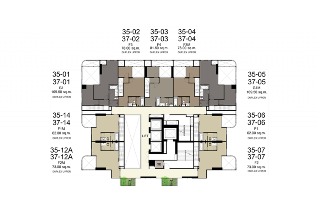 ชั้นที่ 35 และ 37 จะเป็นพื้นที่สำหรับอยู่อาศัย ประกอบด้วย: ห้องขนาด 62 ตารางเมตร (duplex) จำนวน 2 ยูนิต, ห้องขนาด 73 ตารางเมตร (duplex) จำนวน 2 ยูนิต, ห้องขนาด 78 ตารางเมตร (duplex) จำนวน 2 ยูนิต, ห้องขนาด 81.5 ตารางเมตร (duplex) จำนวน 1 ยูนิต และห้องขนาด 109.5 ตารางเมตร (duplex) จำนวน 2 ยูนิต