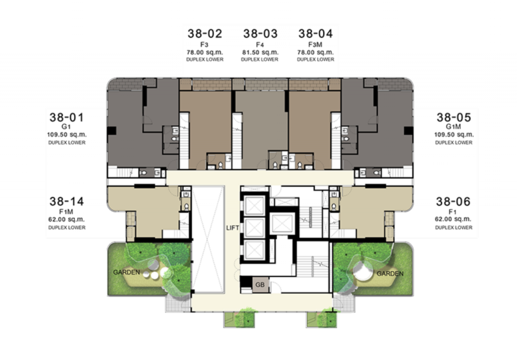 ชั้นที่ 38 Pocket garden (ขนาดเล็ก) ถูกจัดวางเพื่อสร้างความร่มรื่นให้กับชั้น ส่วนพื้นที่อยู่อาศัยประกอบด้วย: ห้องขนาด 62 ตารางเมตร (duplex) จำนวน 2 ยูนิต, ห้องขนาด 78 ตารางเมตร (duplex) จำนวน 2 ยูนิต, ห้องขนาด 81.5 ตารางเมตร (duplex) จำนวน 1 ยูนิต และห้องขนาด 109.5 ตารางเมตร (duplex) จำนวน 2 ยูนิต