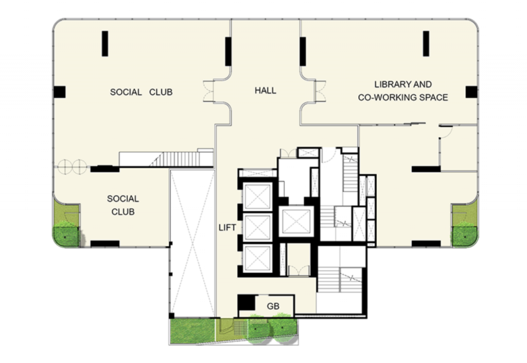 ชั้นที่ 40 จะเป็นส่วนของพื้นที่ส่วนกลางประกอบด้วย: ห้องสมุด, co-working space, social club, และ pocket garden 