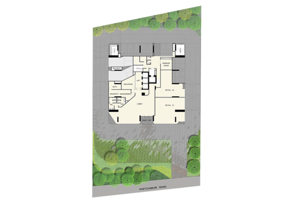 ชั้นที่ 1 ประกอบด้วย ล็อบบี้, ห้องรับฝากจดหมาย, ฝ่ายนิติบุคคล, Pocket garden, ลานจอดรถ และร้านค้า