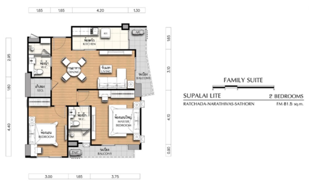 Family Suite 2 ห้องนอน (พื้นที่ใช้สอย 81.5-86.0 ตร.ม.) จำนวน 78 ยูนิต (ราคา 6.28-7.49 ล้านบาท) 