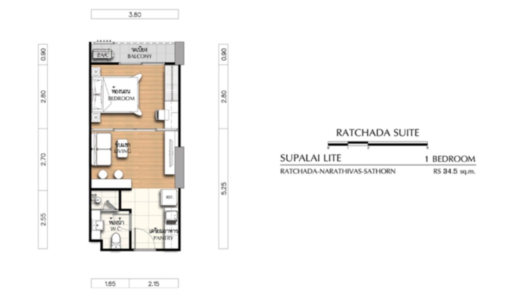 Ratchada Suite 1 ห้องนอน (พื้นที่ใช้สอย 34.5-35.5 ตร.ม.) จำนวน 150 ยูนิต (ราคา 2.68-3.25 ล้านบาท) 