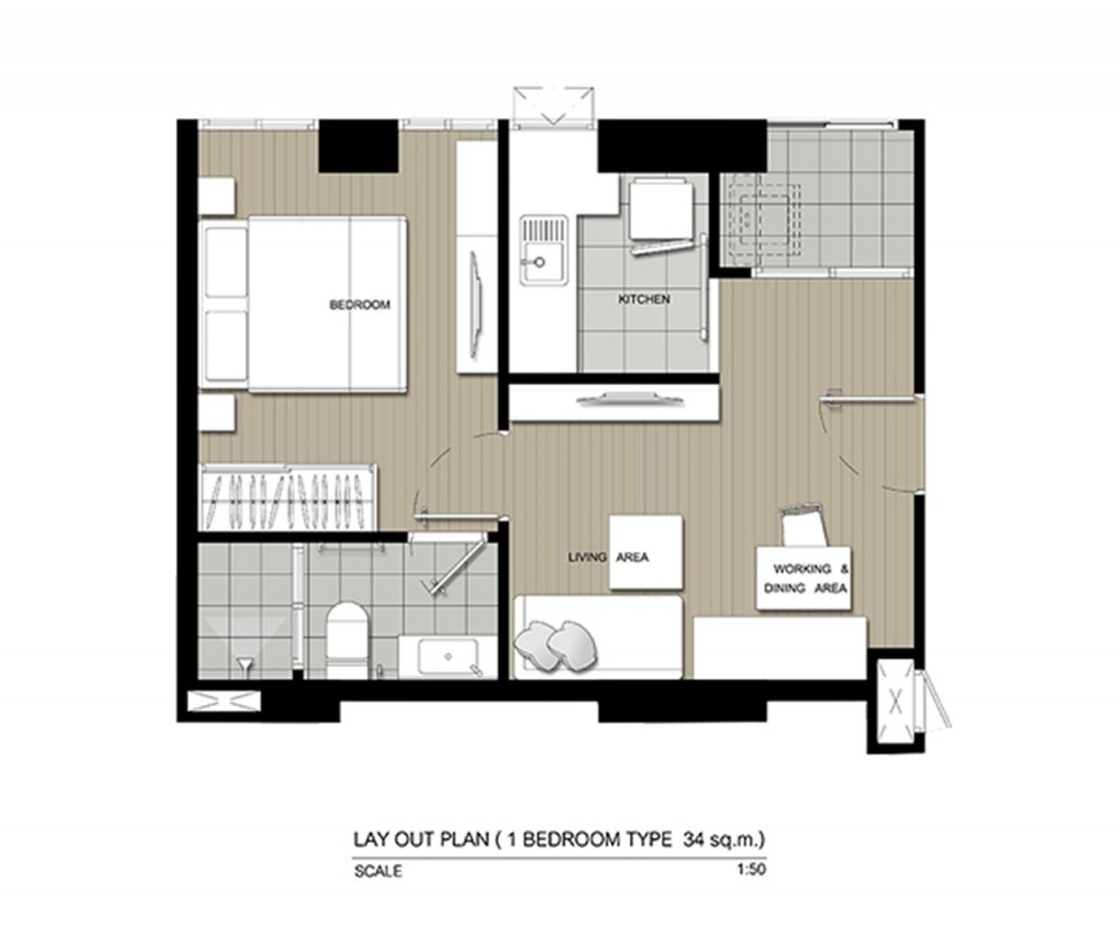 U Delight Talatphlu StationLayout_1bed_34sqm-002