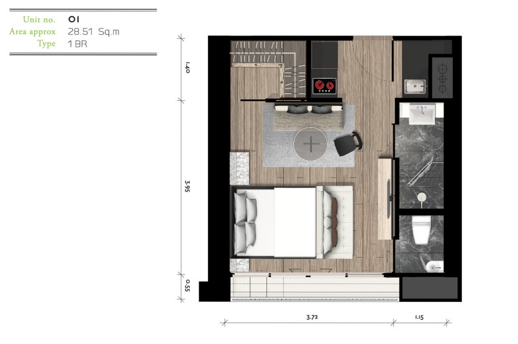 ประเภท 1 ห้องนอนขนาดตั้งแต่ 27.95-39.58