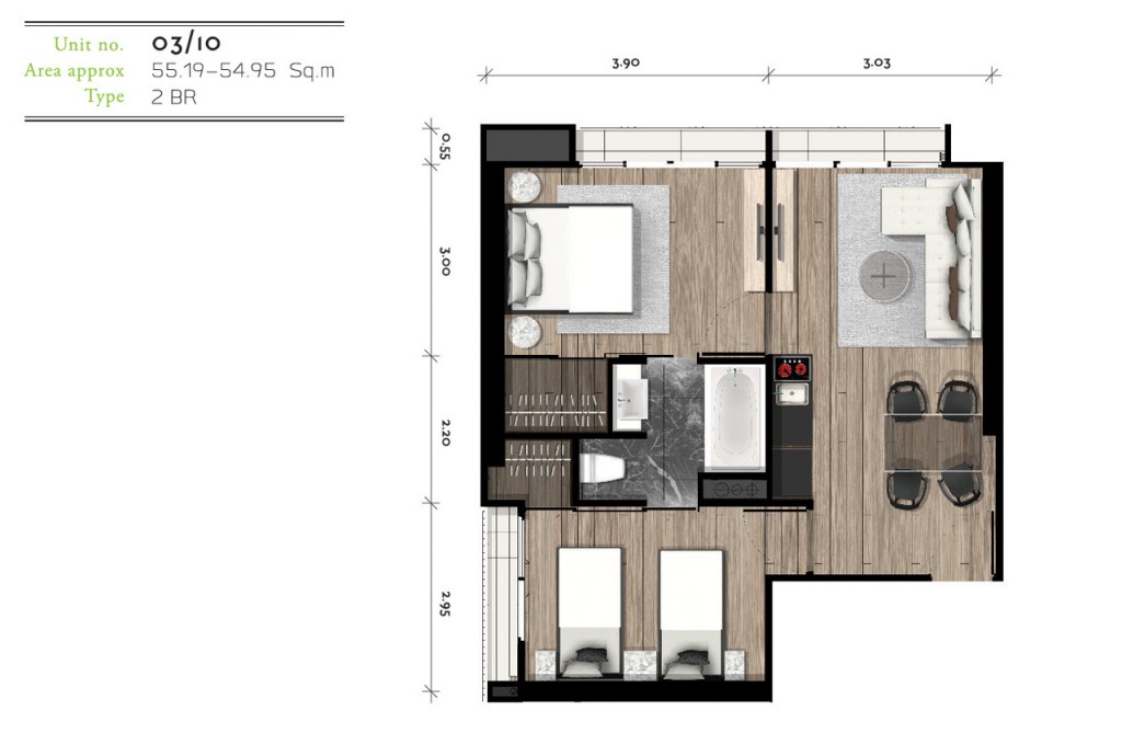 ประเภท 2 ห้องนอน มีขนาดตั้งแต่ 55.19-54.95 ตารางเมตร