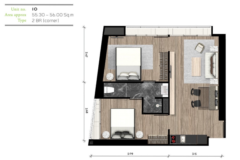ประเภท 1 ห้องนอนขนาดตั้งแต่ 25.71 – 40.83 ตารางเมตร