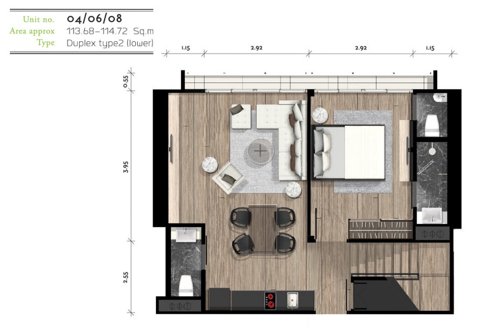 ประเภทห้อง duplex มีขนาดตั้งแต่ 113.68-114.72 ตารางเมตร