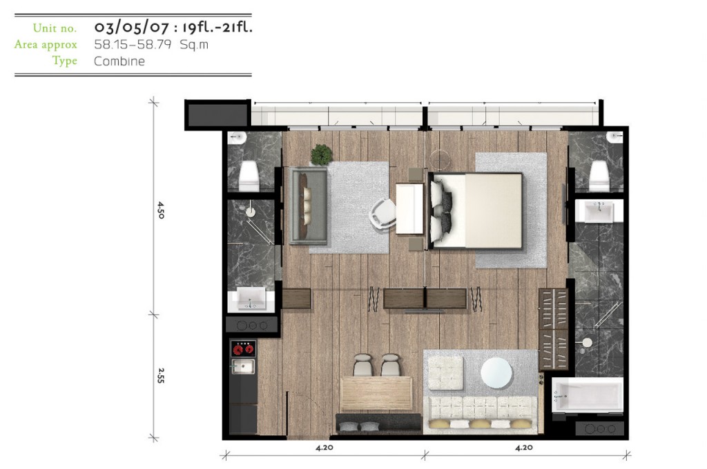 ห้อง combined ขนาดตั้งแต่ 58.15 – 58.79 ตารางเมตร