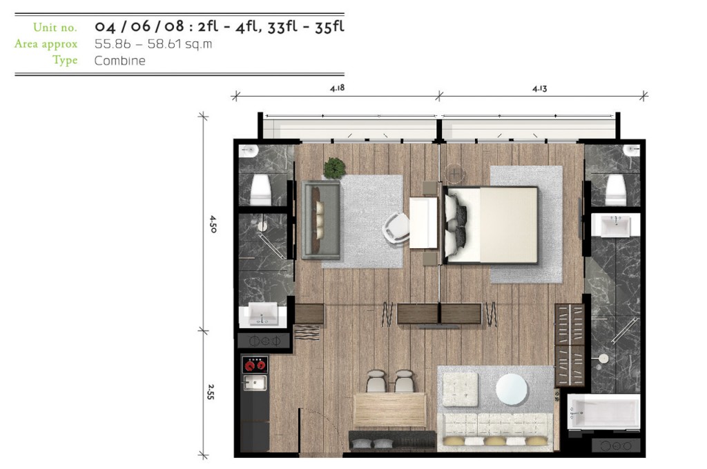 ประเภทห้อง combined ขนาด 55.86 – 58.61
