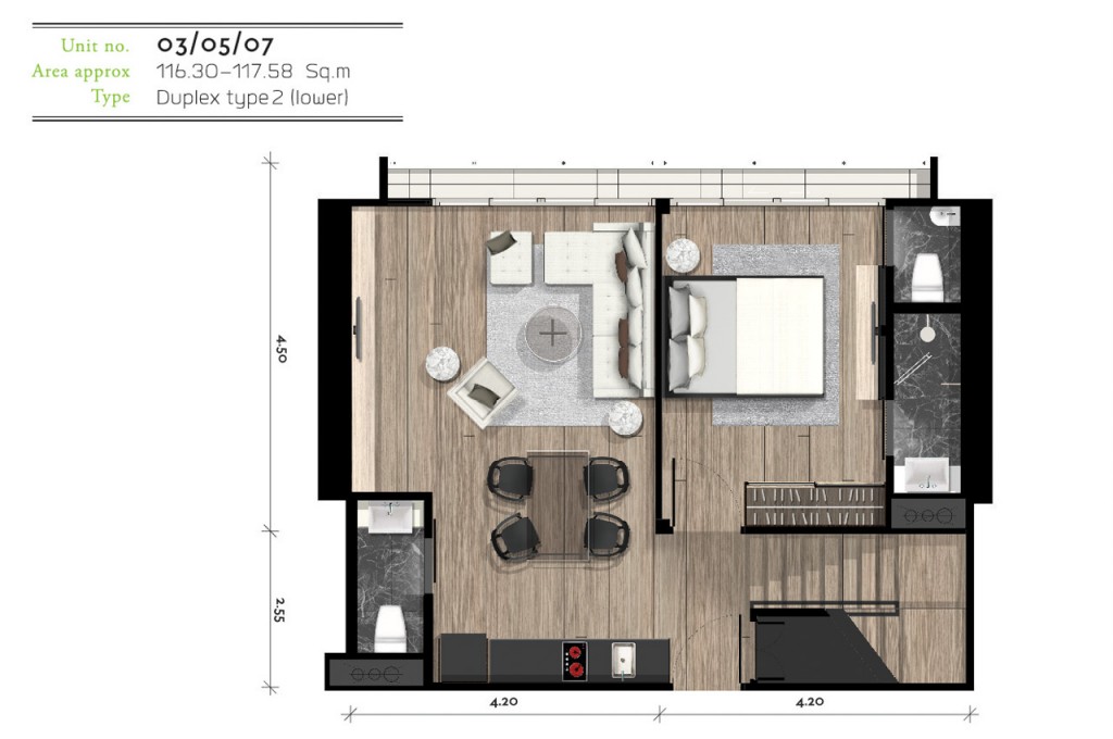 ห้อง duplex ขนาดตั้งแต่ 116.30 – 117.58 ตารางเมตร