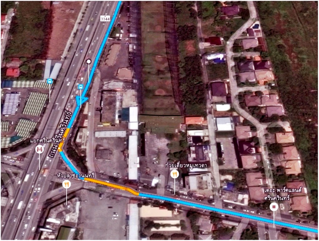 ถึงสี่แยกศรีนครินทร์ ให้เลี้ยวซ้าย เข้าซอยสุขุมวิท 105 หรือ ซอยคลองหนองบัว