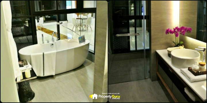 Zen-inspired bathrooms. Fromm left: The bathtub is only available for Type E units while the other baths are for the smaller units from Type D up. Bathrooms have glass shower stalls and will be fully fitted in the purchase of the units