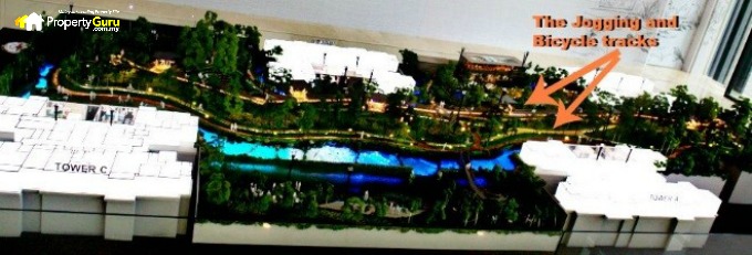 A view of the Green Garden Deck on the 6th Floor with the models of the four Towers taken down for the benefit of providing a better view. The Jogging and Bicycle tracks run all around the entire project site, by passing the various water features and themed gardens.