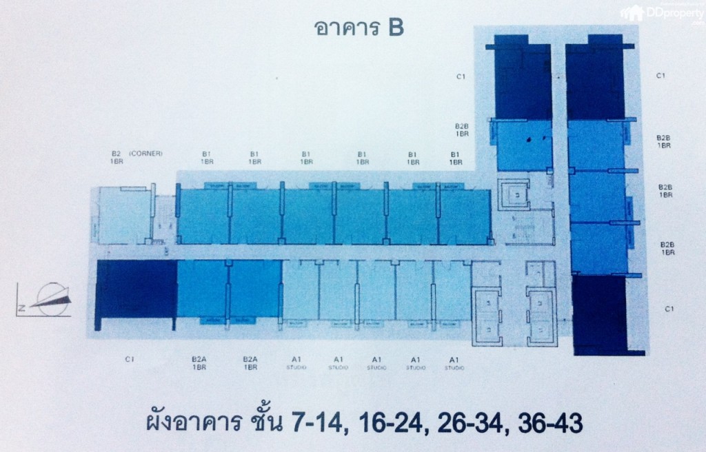 Floor Plan อาคาร B ชั้น 7-14, 16-24, 26-34, 36-43