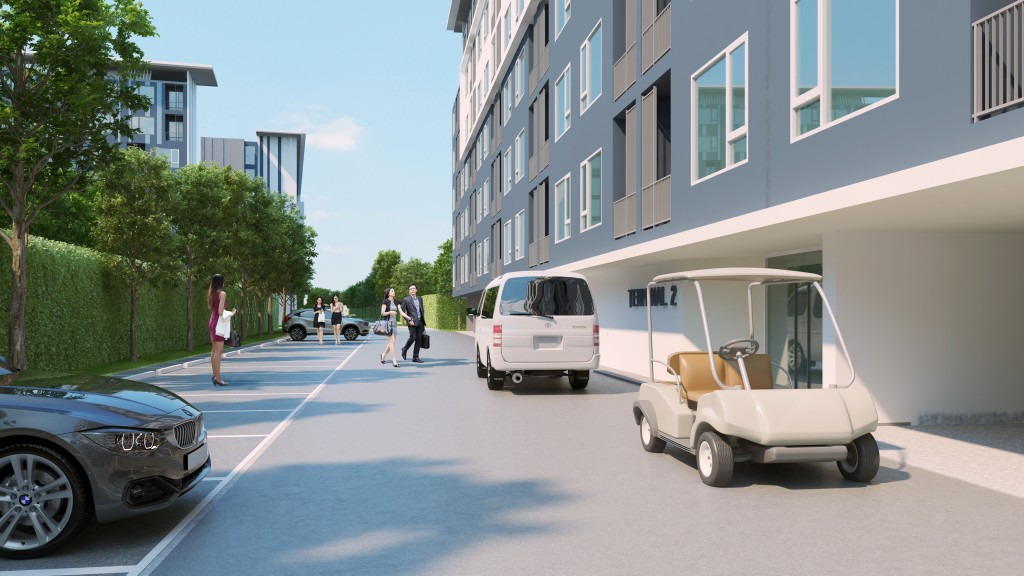 ถนนด้านหน้าทางเข้าโครงการของตึก A, B