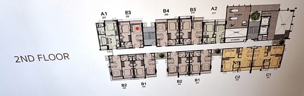 ชั้น 2: พื้นที่อยู่อาศัย Type A (27 ตร.ม.) จำนวน 3 ยูนิต Type B (31.25 ตร.ม.)   จำนวน 7 ยูนิต Type C (42 ตร.ม.)   จำนวน 2 ยูนิต ฟิตเนสและห้องรับจดหมายจะอยู่ ณ ชั้น 2 ด้วย  