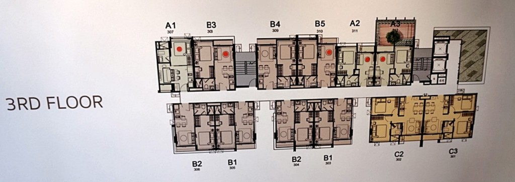 ชั้น 3: พื้นที่อยู่อาศัย Type A (27 ตร.ม.) จำนวน 3 ยูนิต Type B (31.25 ตร.ม.)   จำนวน 7 ยูนิต Type  C (42 ตร.ม.)   จำนวน 2 ยูนิต 