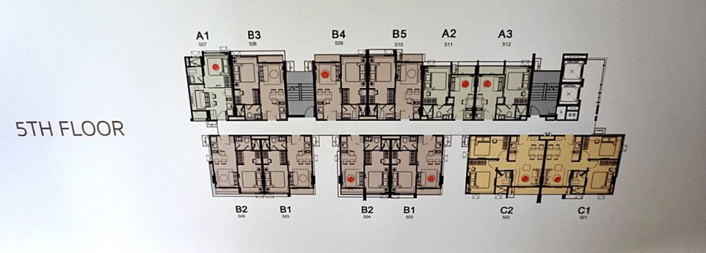 ชั้น 5: พื้นที่อยู่อาศัย Type A (27 ตร.ม.) จำนวน 3 ยูนิต Type B (31.25 ตร.ม.)   จำนวน 7 ยูนิต Type C  (42 ตร.ม.)   จำนวน 2 ยูนิต 