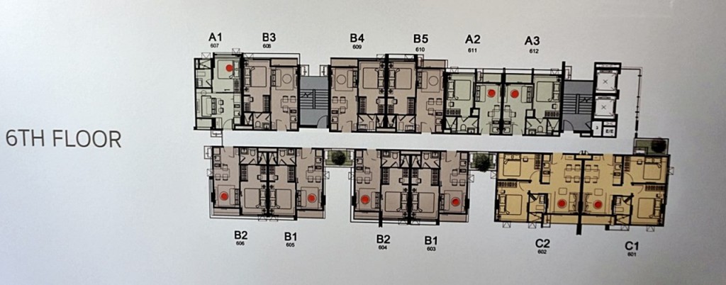 ชั้น 6: พื้นที่อยู่อาศัย Type A (27 ตร.ม.) จำนวน 3 ยูนิต Type B (31.25 ตร.ม.)   จำนวน 7 ยูนิต Type C (42 ตร.ม.)   จำนวน 2 ยูนิต 