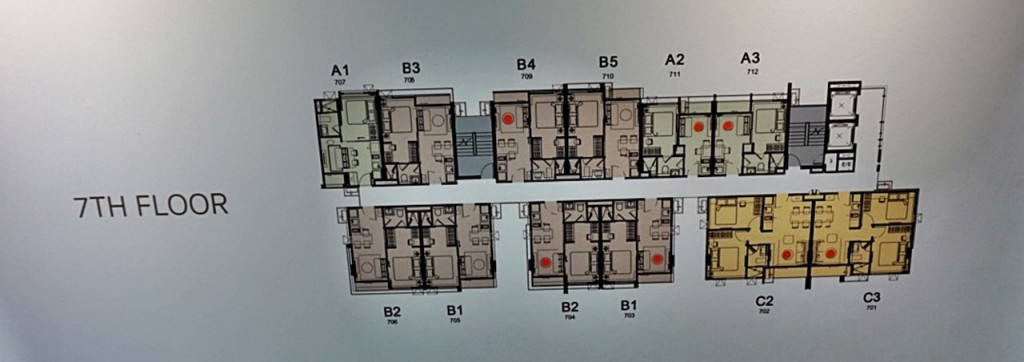 ชั้น 7: พื้นที่อยู่อาศัย Type A (27 ตร.ม.) จำนวน 3 ยูนิต Type B (31.25 ตร.ม.)   จำนวน 7 ยูนิต Type C (42 ตร.ม.)   จำนวน 2 ยูนิต 