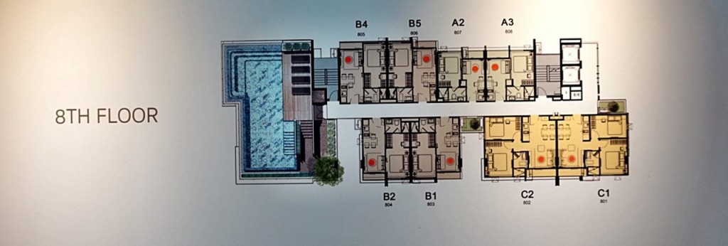 ชั้น 8: พื้นที่อยู่อาศัย Type A (27 ตร.ม.) จำนวน 2 ยูนิต Type B (31.25 ตร.ม.)   จำนวน 4 ยูนิต Type C (42 ตร.ม.)   จำนวน 2 ยูนิต และยังเป็นพื้นที่ของส่วนกลางนั่นคือสระว่ายน้ำ 