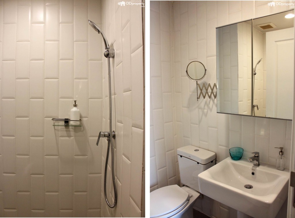 อุปกรณ์ห้องน้ำ ชักโครก อ่างล้างหน้าฝักบัวอาบน้ำ ส่วนยืนอาบ American Standard หรือเทียบเท่า บวกตู้กระจกเก็บของอเนกประสงค์ เหนืออ่างล้างหน้า