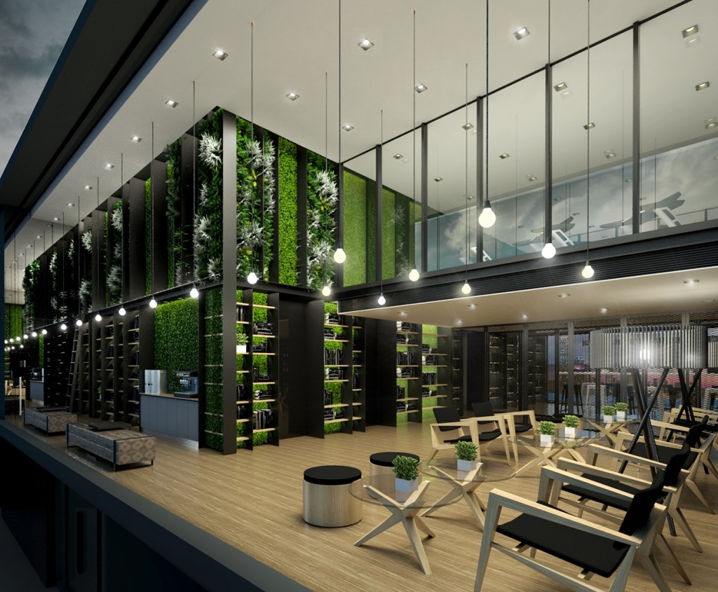 พื้นที่ส่วนกลางเชื่อมต่อกัน ทั้งห้องนั่งเล่น ห้องสมุด และ แพนทรี่