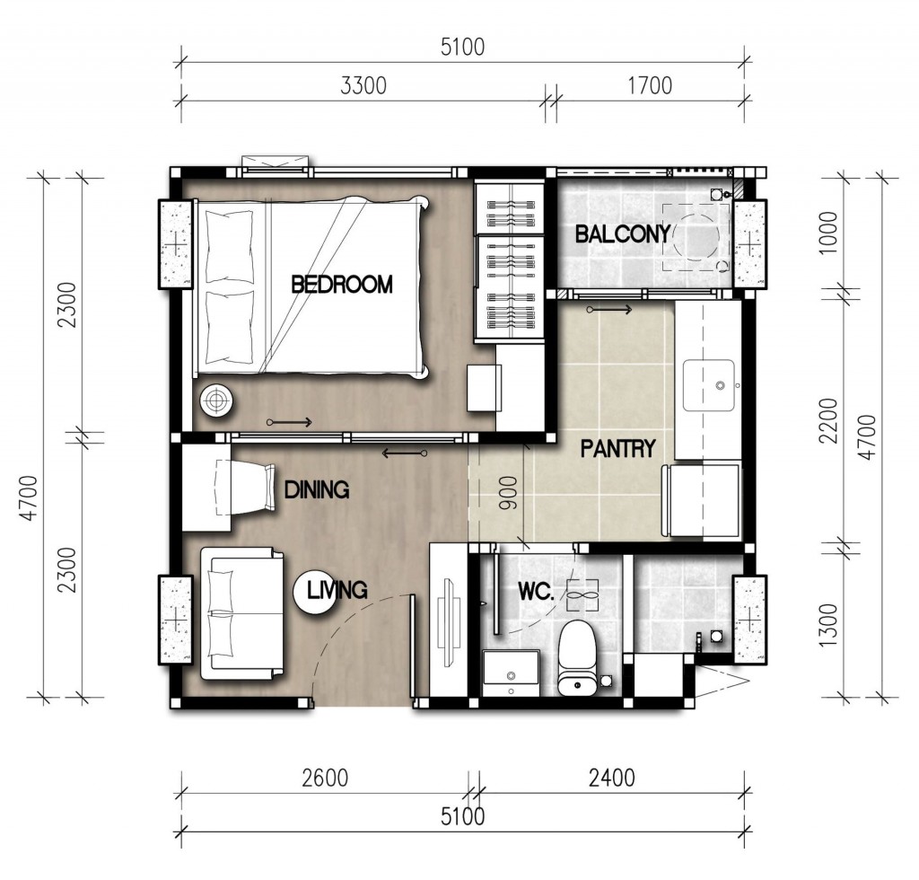 ผังห้องขนาด 24 ตร.ม.