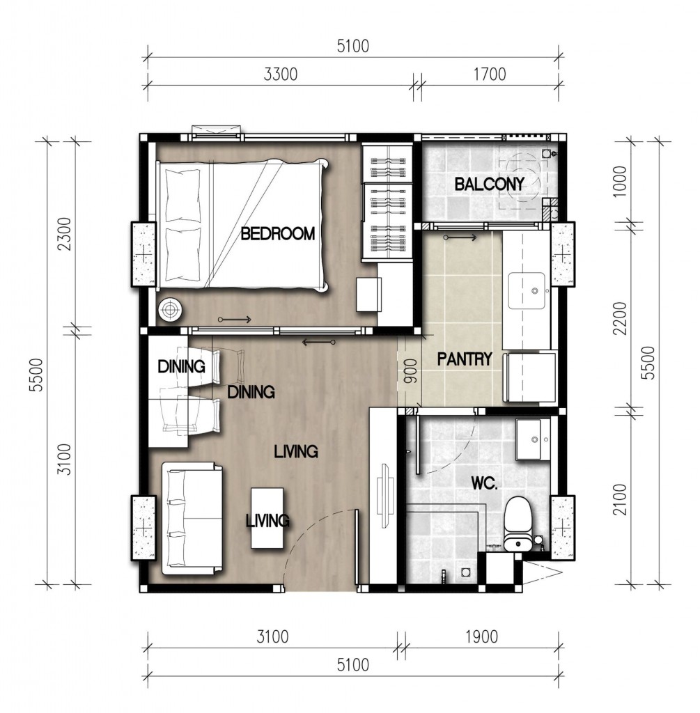 ผังห้องขนาด 28 ตร.ม.