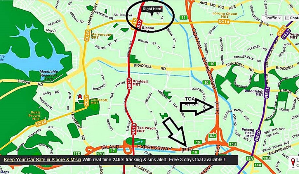 Screenshot of location, nearby amenities & expressways on StreetMap