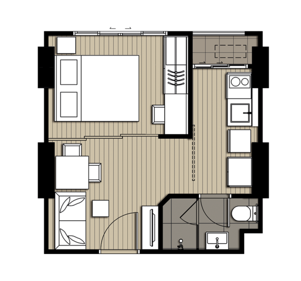 ประกอบด้วย: -1 โซนนั่งเล่น -1 ห้องนอน -1 บริเวณครัว - ห้องน้ำ -ระเบียงส่วนตัว 