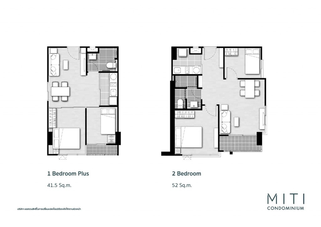 แบบ 1 ห้องนอน Plus ขนาด 41- 41.5 ตร.ม และ แบบ 2 ห้องนอน 1 ห้องน้ำ ขนาด 52 ตร.ม