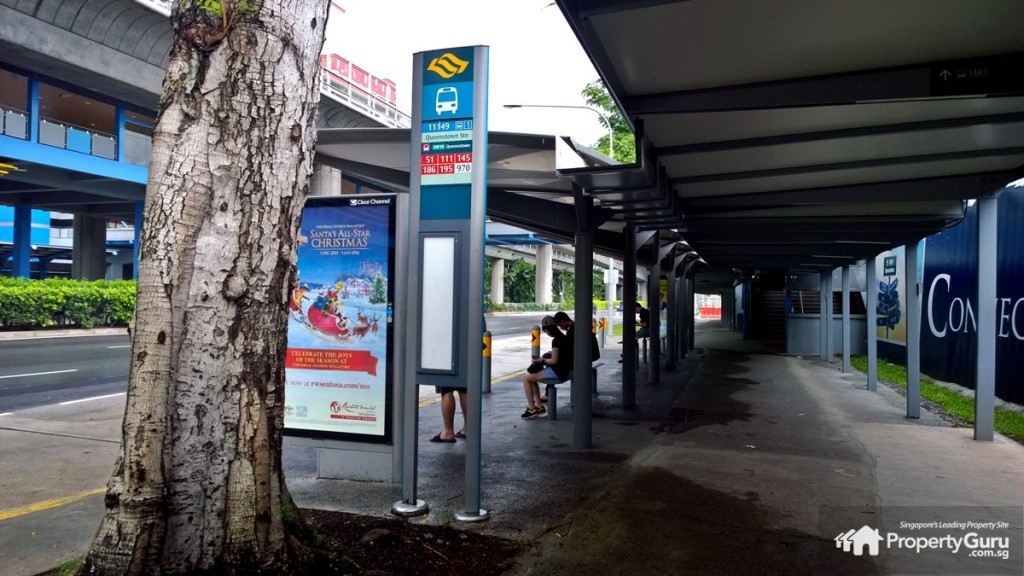 Queenstown Station bus stop in front of Commonwealth Towers