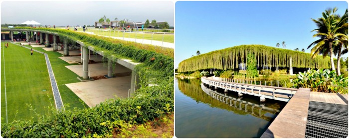 Left: The elevated roof deck with children’s playgrounds, exercise areas, footwalks and cycling tracks – another communal area for social activities. Right: The recreational canal is also a rainwater collection vessel that recycles water for the irrigation of plants, vegetable gardens and trees (Pixes from Garis Architects, designers of The Arc, photography: Steven Ngu, Andy Lim)