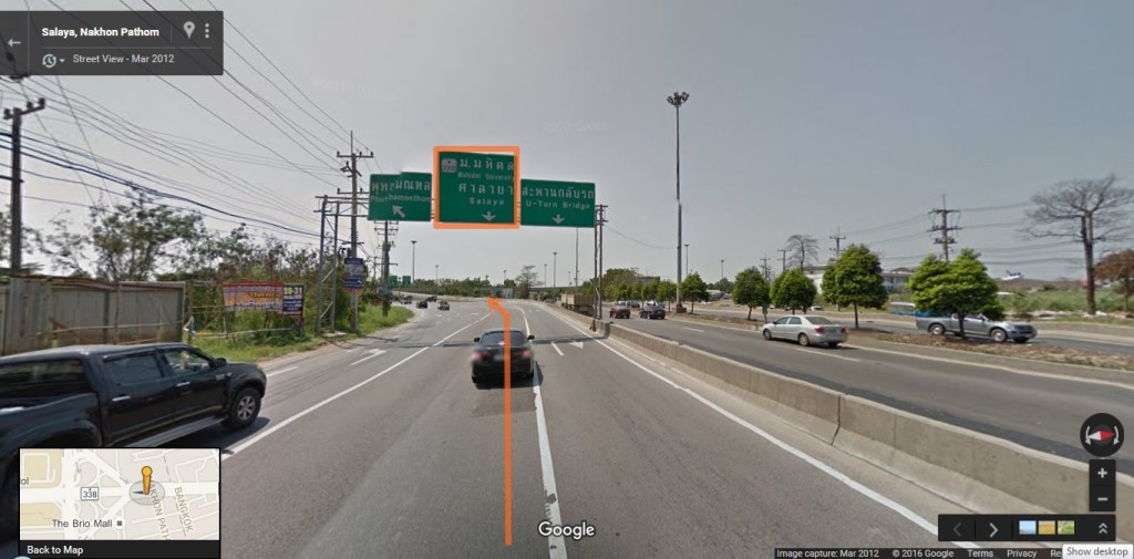 จุดสังเกตแสดงว่าถึงพุทธมณฑลสาย 4 นั่นคือการเจอป้าย ม.มหิดล ศาลายา ให้เลี้ยวตามป้ายจะปรากฏเป็นเส้นโค้งเลี้ยวเพื่อเข้าสาย 4 