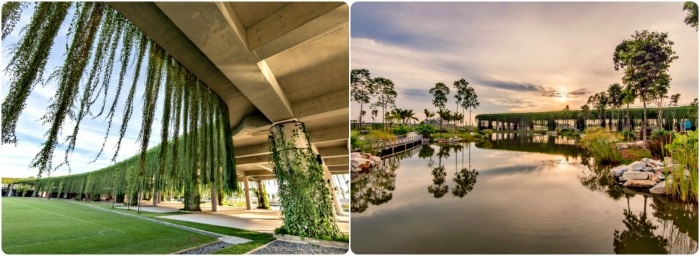 Left: The covered canopy walkway which rises to a with green roof deck. Right: The design addresses the sunlight, heat, humidity and rain (Pixes from Garis Architects, designers of The Arc, photography: Steven Ngu, Andy Lim)