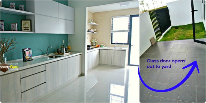 The kitchen again showing the exit glass door which opens into the yard