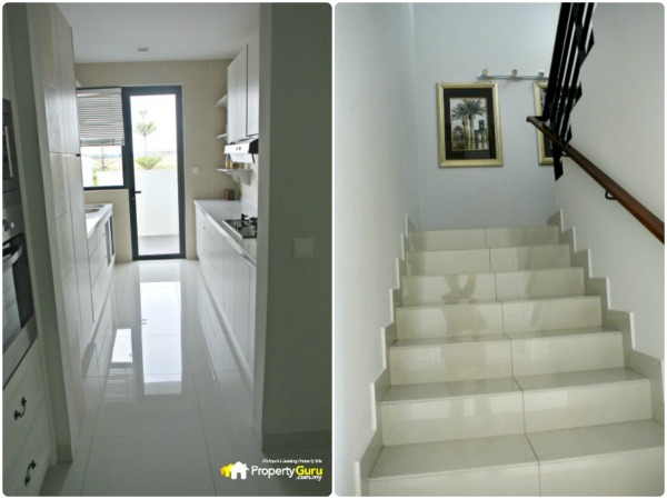 Left: The glass door seen at the end of the picture opens into a sizable yard, as you will see later. Right: The staircase ascends from two angles