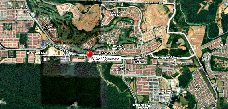 Duet Residence and its surroundings, Note the 3000-acre Ayer Hitam Forest Reserve in the foreground of the google satellite map
